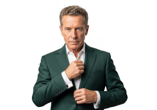 Professional businessman in green suit adjusting tie portrait, business executive, corporate image, isolated on transparent background - Powered by Adobe
