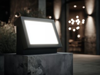 Illuminated blank screen on concrete base in urban setting at dusk, concept for outdoor advertising display, promotional signage, and informational kiosk
