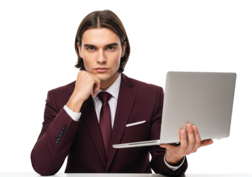 Confident businessman holding laptop thinking strategy planning isolated professional isolated on transparent background