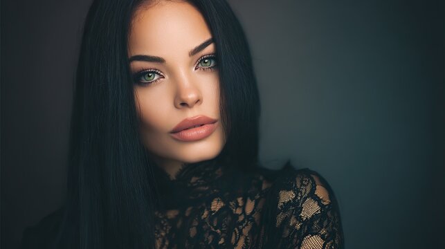 Beauty with long black hair and full lips in an all-black lace dress, shot in a professional high-resolution studio, shows elegance and sophistication in a striking portrait setting.