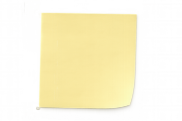 Blank yellow sticky note with curled corner on a transparent background, creating a simple yet effective space for reminders or messages
