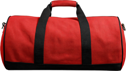 Red duffel bag, front view