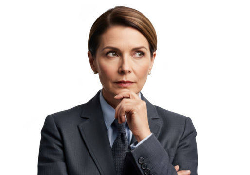 Thoughtful businesswoman in suit posing with hand on chin, looking sideways, professional portrait, stock photo, png isolated on transparent background