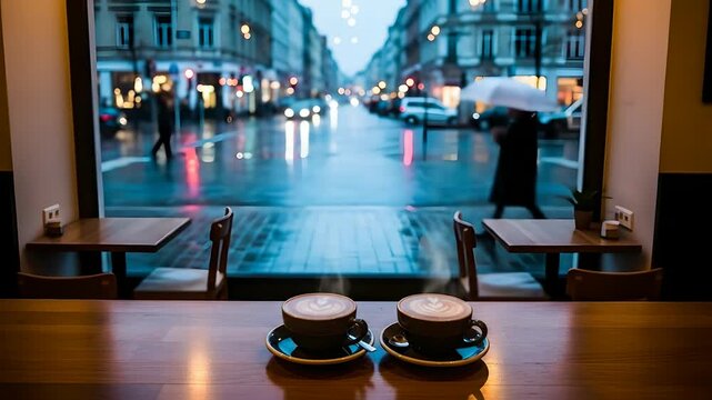 Rainy city view through cafe window. Coffee latte art steaming on table, people walk with umbrellas, cozy mood, street reflection, beverage, relax concept, urban life, weather.