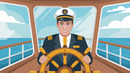 Captain at the helm steering ship in the ocean