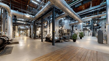 Obraz premium Industrial machinery and pipes in a large facility.