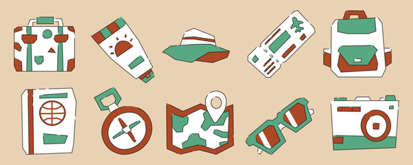 Traveling Design Element with Solid Red and Yellow Color Theme and Thin Dark Line Art in Cutout Style