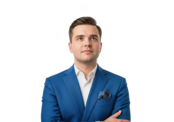 Professional headshot of young businessman in blue suit looking upwards stock photo image portrait isolated on transparent background