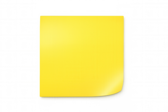 Yellow sticky note with curled edge, sitting on clear surface, providing clean workspace for writing quick notes or messages
