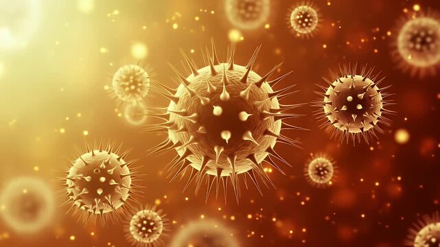 Virus particles with spikey exteriors and glowing background