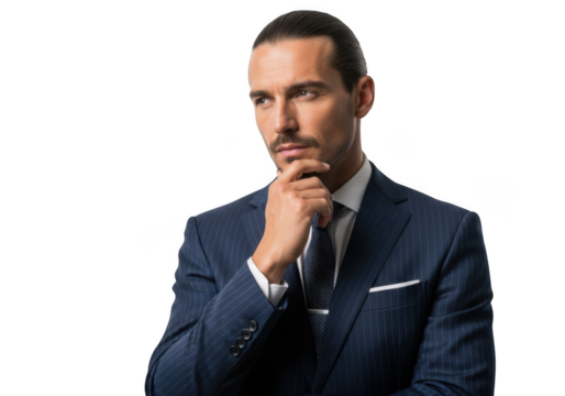 Thoughtful businessman in suit posing with hand on chin, portrait of professional man, business concept, isolated on transparent background