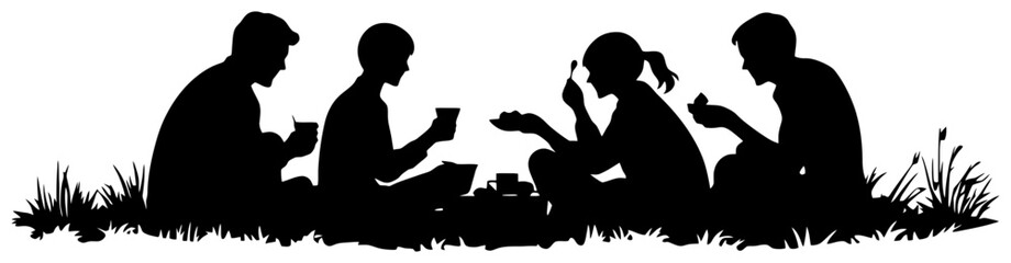 silhouette of group sitting on picnic blanket eating together