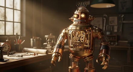 Steampunk automaton standing in a workshop bathed in warm light against tool filled workbench