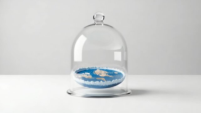 Flat Earth model under glass dome, conceptual representation of isolation and confinement 3D