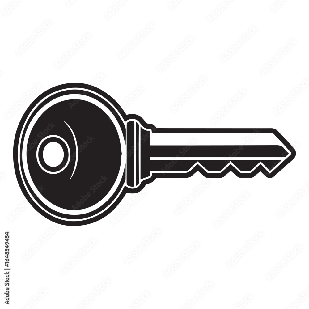 Poster a simple bold black and white illustration of a classic house key featuring a circular bow and a ser