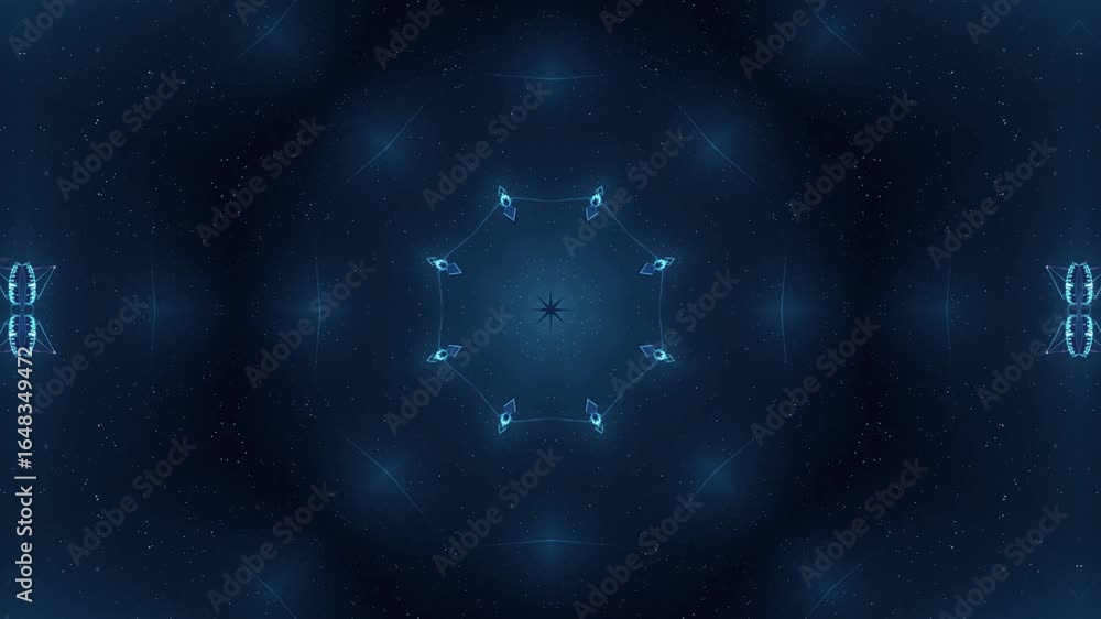 Poster dynamic futuristic abstract starburst animation with glowing digital patterns against a starry nebul