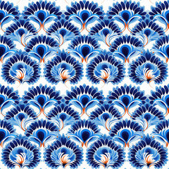 Seamless pattern Peranakan blue kaleidoscope ornate flowers