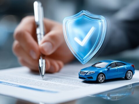 Close-up of a hand signing a car insurance policy with a blue toy car and shield icon, concept for vehicle protection, financial security and safe driving