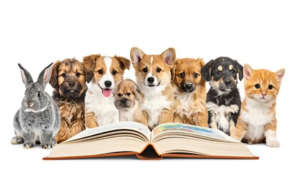 Adorable pets gathered around an open book