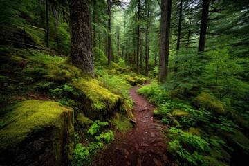 Lush mossy forest path winds through tall trees