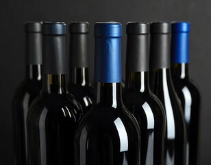 Row of wine bottles, dark glass, various caps