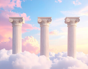 Three Classical Columns Rising Above the Clouds in a Pastel Sky, Symbolic of Strength