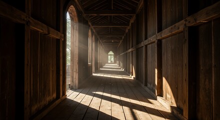 wooden corridor shadow and light play