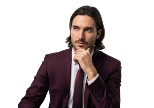 Pensive businessman in burgundy suit portrait with hand on chin looking upwards stock photo isolated on transparent background - Powered by Adobe