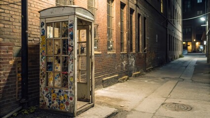 Obraz premium Old phone booth in a dimly lit alley, showcasing vintage urban charm.