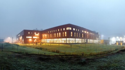 Modern multi-story building with large glass windows during twilight, warm lighting inside and outside,