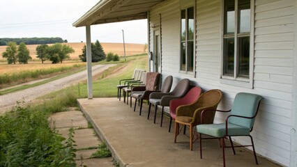 Fototapeta premium Chairs lined on a porch overlooking a rural landscape and road.
