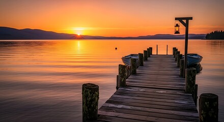 Obraz premium Scenic sunset over calm lake with wooden pier and boats offering serene view