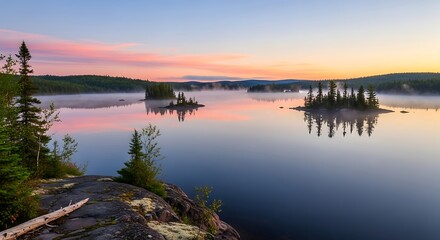 Fototapeta premium Serene lake at dawn with mist, reflections and beautiful light creating a peaceful scene