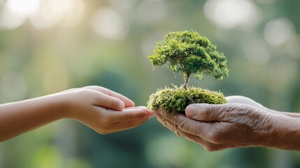 Hands, young and old, holding a small tree.  Gentle transfer of nature
