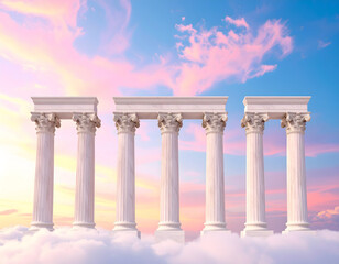 Fototapeta premium Majestic classical Greek pillars standing strong on a bed of clouds against a dreamy pastel sunset sky, a concept of foundation and heaven.