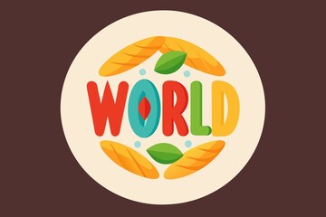 Colorful World Food Illustration with Bread and Leaves on Cream Background