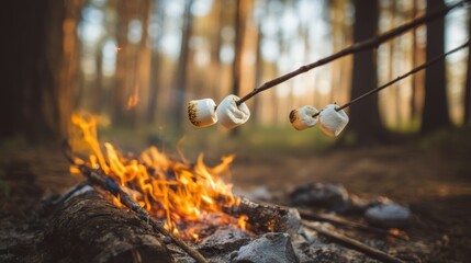 A vibrant campfire with bright orange flames burns wood logs while marshmallows skewered on sticks roast above,