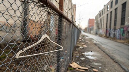 Urban scene featuring a wire hanger on a chain-link fence beside a littered alleyway.