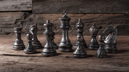 Vintage metal chess pieces arranged on a rustic wooden board with worn texture, showcasing pawns, knights, bishops,