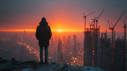 Fototapeta premium Silhouette of a person overlooking a cityscape at sunrise with construction cranes.