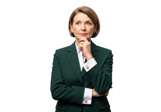 Professional woman in green suit thinking deeply portrait business leader image isolated on transparent background