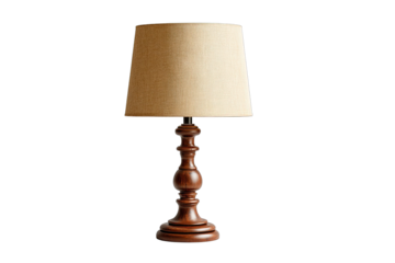 Light beige lampshade, wooden base table lamp