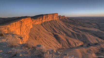 Expansive rugged terrain with mesas rising above the desert floor,