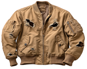 Tan bomber jacket with distressed hem, ripped details, exposed zipper, and rugged texture, conveying bold urban style and edgy fashion statement