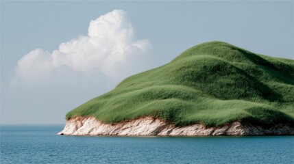 Naklejka premium Verdant grassy hill with rocky base bordering calm blue water under a cloudy sky