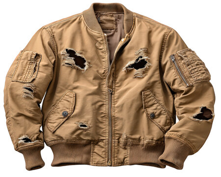 Tan bomber jacket with distressed hem, ripped details, exposed zipper, and rugged texture, conveying bold urban style and edgy fashion statement