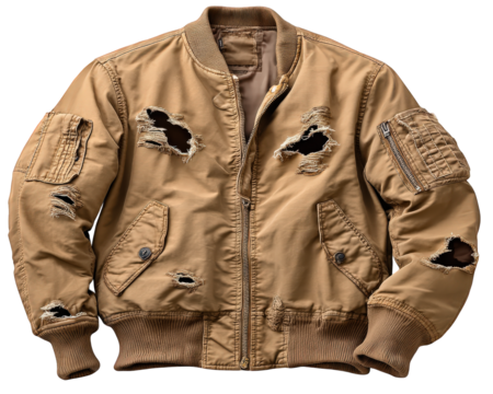 Tan bomber jacket with distressed hem, ripped details, exposed zipper, and rugged texture, conveying bold urban style and edgy fashion statement