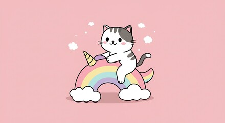 Fototapeta premium Adorable cat joyfully rides rainbow unicorn pastel background. AI Generated