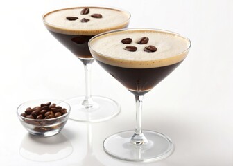Two elegant espresso martinis garnished with coffee beans and a side of beans