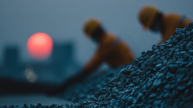 Construction workers in yellow vests and hard hats working outdoors near a pile of gravel with a blurred red sun